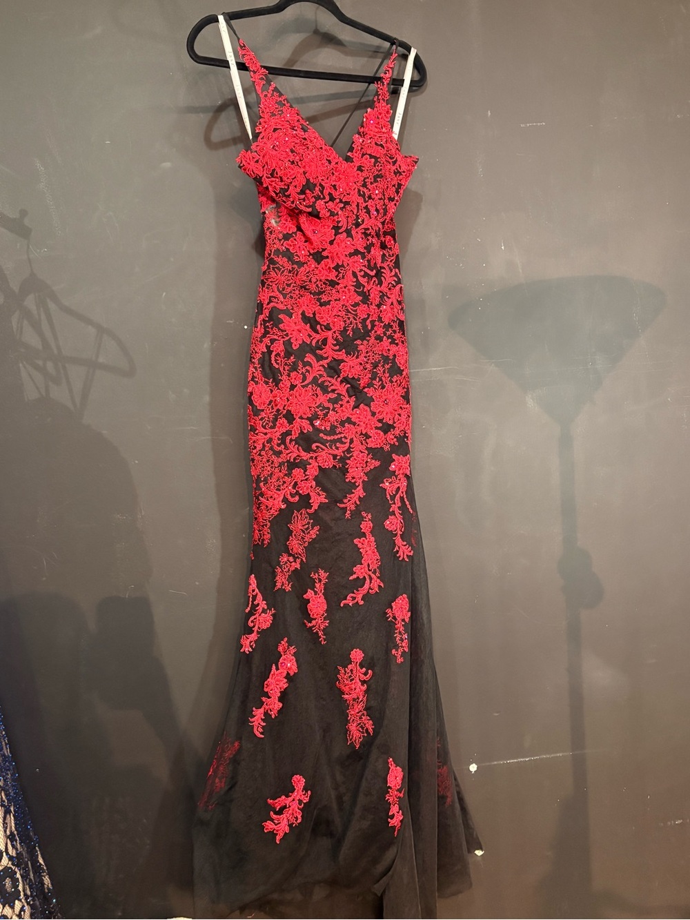 Red Floral Lace Maxi Dress with Black Sheer Base - Picture 2 of 6
